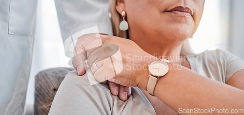 Image of Mature woman, doctor and holding hands in support, trust and empathy in hospital clinic with chronic, terminal or cancer diagnosis. Zoom, healthcare worker and woman in comfort for mental health help