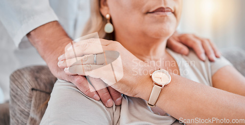 Image of Mature couple, holding hands and support in depression, mental health and anxiety psychology therapy in marriage counseling. Zoom, middle aged man and woman in house, home living room or counselling