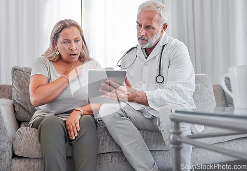 Image of Doctor, patient and shock for test results on tablet, medical report and healthcare analysis, life insurance and online review. Stress, anxiety and surprised woman consultation in clinic with tech