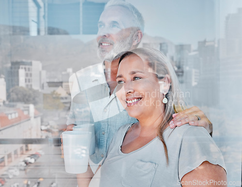 Image of Couple, coffee and thinking at window about retirement future in morning together at home. Happy elderly woman, loving senior man and motivation support, vision and love or relax wellness with drink