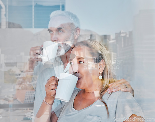 Image of Elderly couple, hug and drinking coffee by window of the city with a vision for morning routine at home. Senior man and woman relaxing looking out glass at urban town view together with warm mug