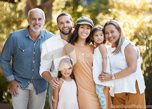 Image of Big family, portrait and happy smile, love and support together outdoor in nature parking with care, trust and bond. Girl kids, mother and father bonding with grandparents with happiness in Amsterdam