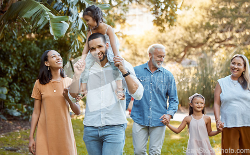 Image of Big family, garden and bonding with children, grandparents and siblings during summer on holiday. Grandfather, grandmother and parents walking through forest for loving, caring fun with kids