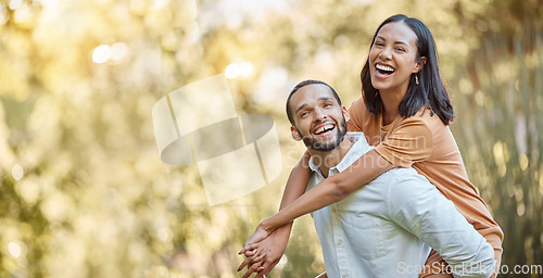 Image of Summer, park and man piggyback woman enjoying freedom, holiday and vacation in nature together. Love, affection and happy black couple bonding, spend quality time and laughing on weekend in forest