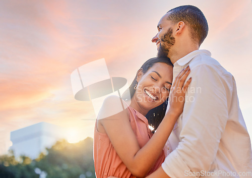 Image of Happy couple hug in sunset, woman with smile and love in Sao Paulo sunshine on romantic vacation together. Happiness in marriage, evening date in garden holiday with girlfriend hugging man and mockup