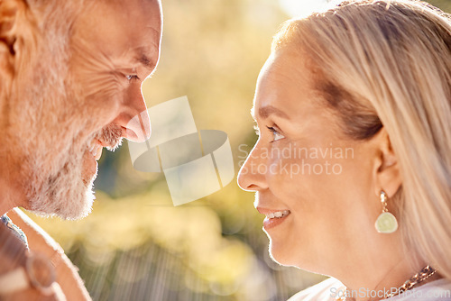 Image of Mature, couple and face for bonding, love and care romantic relationship in a summer garden. Old man and woman in love in retirement for bond, caring and honeymoon affection in a park in spring