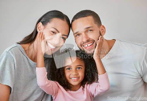 Image of Portrait, girl and parents with happy, love and smile in morning, relax lifestyle and happiness. Mom, happy dad and smiling kid child, face together in pyjama for bonding, care and joy in family home