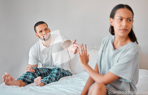 Image of Couple fight, marriage divorce and cheating with conflict, sad and angry partner, frustrated and ignore in bed. Mental health, depression and problem with man and woman together in bedroom conflict