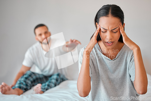 Image of Couple, fight and stress in bedroom with man and woman arguing about cheating affair. Argument, conflict and divorce with a husband and wife frustrated with relationship problem in the bedroom