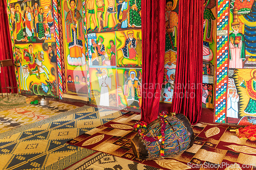 Image of Religious drum inside in monastery on Lake Tana, Ethiopia Africa