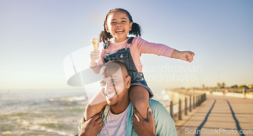 Image of Family, children and piggyback with a father and daughter eating ice cream while walking on the promenade together. Sky, nature and kids with a man and girl bonding with the sea or ocean at the beach