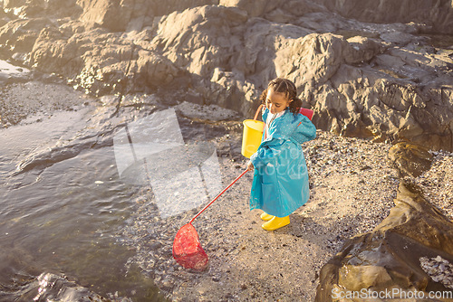 Image of Girl, beach and fishing with net in rock pool, water or ocean with boots, bucket and coat in sunshine. Black child, sea and outdoor for fish, marine life or animal in nature, learning and adventure