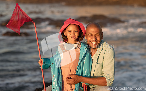 Image of Father, child and family fishing trip while on vacation at a lake or sea together for bonding, happiness and quality time for love, care and development. Portrait of a man and daughter holding a net