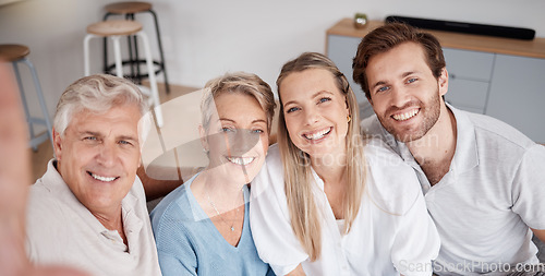 Image of Selfie, parents and young couple in the living room of their house for love, smile and happy during a visit. Happiness, content and portrait of a senior man and woman with adult children for a photo