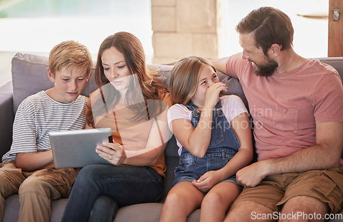 Image of Family, sofa and tablet with children and parents streaming an online subscription in home living room. Kids, internet and video with a man, woman and kids or siblings watching series in the lounge