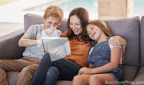 Image of Relax, happy and tablet with mother and children on sofa for streaming, internet and social media app. Smile, subscription and movies with mom and kids in living room for family home for cartoon