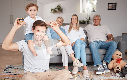 Image of Baby, love and family portrait, playing and having fun together with happiness. Happy, smile and care of father carrying boy, child or kid with mother bond, grandparents enjoying and smiling in house