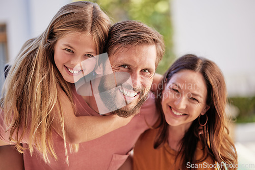 Image of Happy family love, hug and fun portrait of mother, father and kid play outdoor games together for bonding time. Youth growth, childhood memory and face of mom, dad and young girl piggyback papa