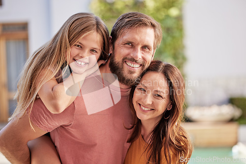 Image of Bonding, happy and parents with child in the garden of their family home for summer, smile and relax. Real estate, peace and portrait of a girl kid with mother and father in the backyard of the house