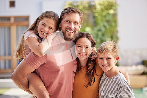 Image of Happy family, hug and portrait outdoor with mother, dad and children bonding with love and care. Parents, kid and happiness of a big family smile about new home and summer fun in a house garden