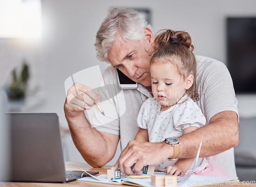 Image of Remote, phone call and grandfather doing business with a child with toys for learning, education and playing in house. Entrepreneur, networking and senior man with mobile, laptop and girl with blocks