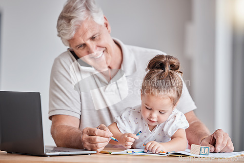 Image of Drawing, color and child with grandfather in home doing fun art activity, working and sitting at table together. Family, love and young girl with crayons, coloring and bond with grandpa on phone call