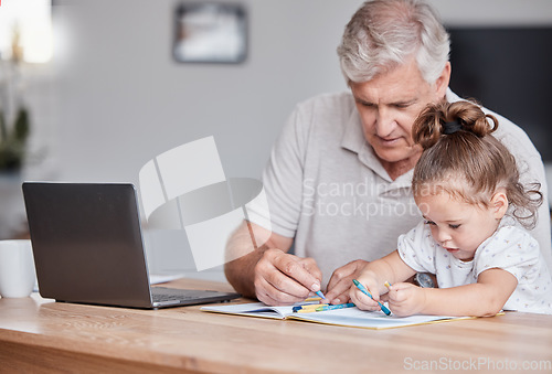 Image of Drawing, color and grandfather with girl in home writing, bonding and doing fun art activity together. Family, love and grandpa sitting at table with young child coloring, using crayons and relax