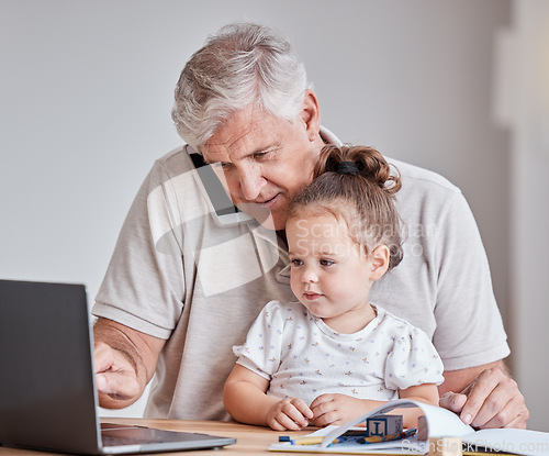 Image of Senior man, child and phone call while working on laptop for remote work with grandfather babysitting girl in home office. Male with kid as family in house for bonding while doing freelance work