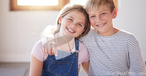 Image of Boy, girl and family portrait, love and hug with smile, happy or at family home with, care, support or relax in home. Children, teen and siblings with happiness, living room and together in amsterdam