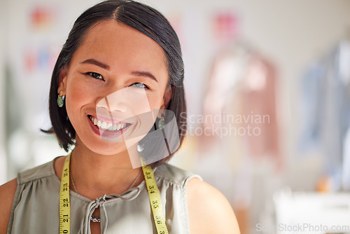 Image of Fashion portrait, Asian designer and woman with tape measure to tailor clothes, fabric or luxury outfit. Small business, creative industry and mock up face of confident girl happy in textile workshop