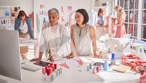 Image of Retail, fashion and boutique owners on a computer for online shopping, ecommerce and delivery orders. Partnership, colleagues and business woman excited about online store startup at design studio