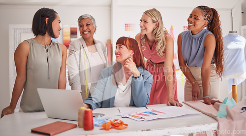 Image of Business, clothes designer and women collaboration of creative fashion workers planning a project. Sewing, boutique and diversity of a startup clothing company with strategy communication for website