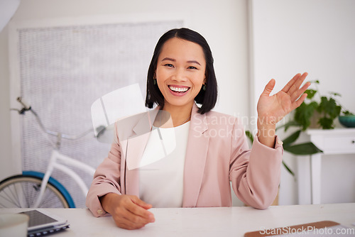 Image of Asian woman, fashion business leader and video call for small business startup, online communication and virtual meeting. Businesswoman, corporate leadership and stream call on a 5g internet network