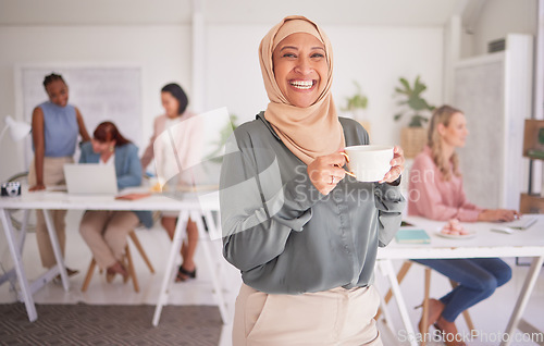 Image of Happy muslim, coffee or woman for leadership in office for teamwork, planning or collaboration. Lady with tea, portrait or manager for strategy goal, Islamic or company target success with smile