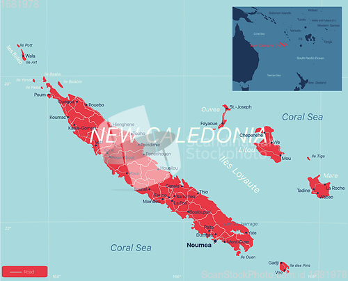 Image of New Caledonia detailed editable map