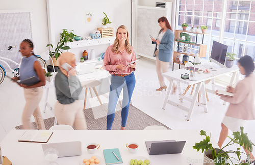 Image of Office, Portrait and busy business woman in startup workspace for marketing agency planning. Creative, productivity and workflow of people manager happy with employee commitment, trust and hard work