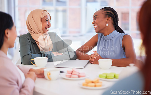 Image of Food, women and business friends eating while bonding over tea and dessert in a coffeeshop. Coffee, tea and cafe with diverse female corporate group enjoying snacks or meal together while planning