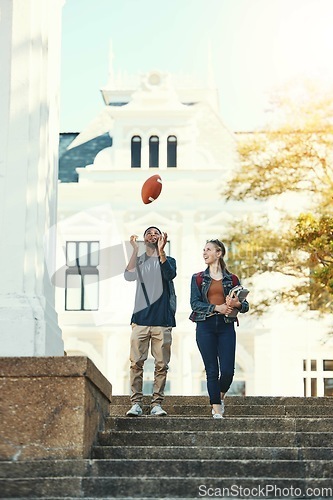 Image of Campus, diversity and students walking outdoor with education or gen z communication on books, learning and fitness in summer. Young couple, friends or college people together talking of scholarship