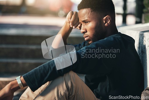 Image of Stress, depression or sad black man on stairs thinking of dilemma, problem and crisis on outdoor break. Fail, mistake or burnout of student depressed, hopeless or tired thoughtful of problem.