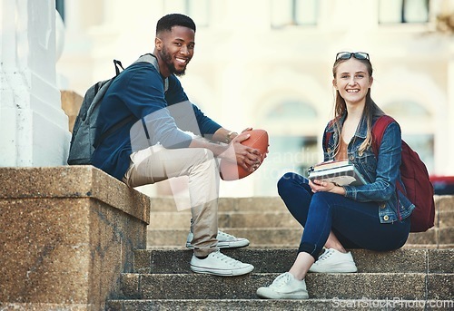 Image of Education, campus friends and diversity students relax before college lecture class, learning or study course. University, knowledge and school portrait of woman and black man on football scholarship