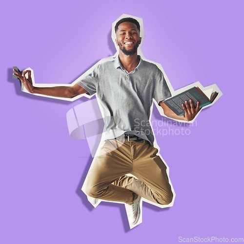 Image of Student, paper cutout and study in scrapbook purple background in graphic design, digital art or nft. Black man, learning and education with book in creative picture, advertising or digital marketing