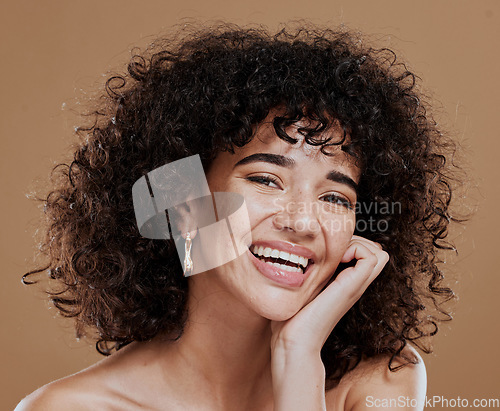 Image of Face portrait, makeup and beauty of woman in studio isolated on a brown background. Cosmetics, aesthetics and young female model from Brazil happy and satisfied with skincare routine for healthy skin