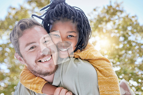 Image of Portrait of father piggy back foster care girl in park for fun, bonding and quality time with love, care and happiness together. Adopted black kid relax with dad, diversity and happy family in garden