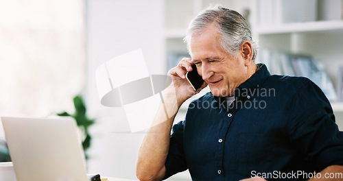 Image of Mature business, man and communication on cellphone with a freelance ceo working on laptop and reading email at home. 5G phone call and leading senior businesman on negotiation networking call