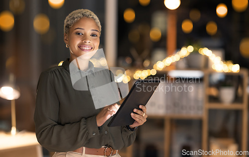 Image of Night business, black woman and tablet, portrait and planning, website and online connection, data and innovation in office. Happy young female entrepreneur, digital tech and internet in dark agency
