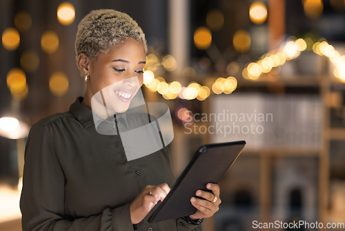 Image of Business woman, tablet and designer with smile for social media, marketing or advertising on bokeh background. Happy female smiling while working on touchscreen for market research or communication