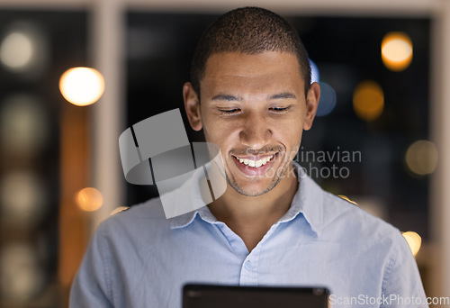 Image of Business man, tablet and working on digital web and social media for accounting job in a office. Financial advisor with happiness looking at a internet video on technology typing on company tech