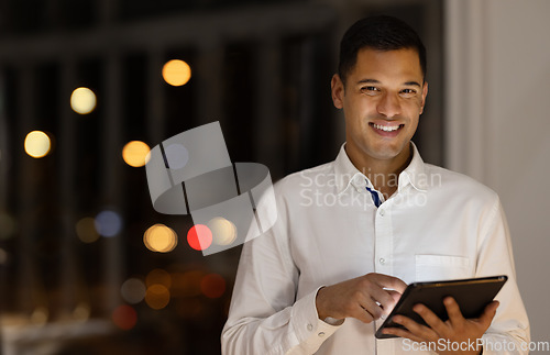 Image of Businessman, digital tablet and portrait of leader in office at night, happy and relax with internet search. Smile, man and marketing expert research creative idea for marketing startup late in India