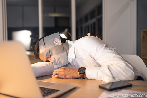 Image of Work fatigue, business man and sleeping office employee feeling burnout from night deadline. Sleep of a digital finance worker working late on a computer with technology tired of online fintech work