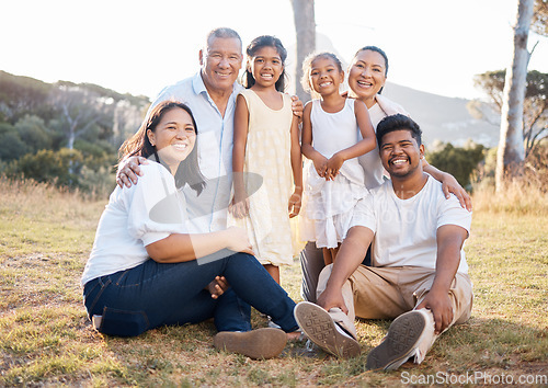 Image of Big family, hug and outdoor park with mother, children and grandparents with family love and care. Portrait of a dad, mom and kids together feeling happy with a smile in nature on summer vacation